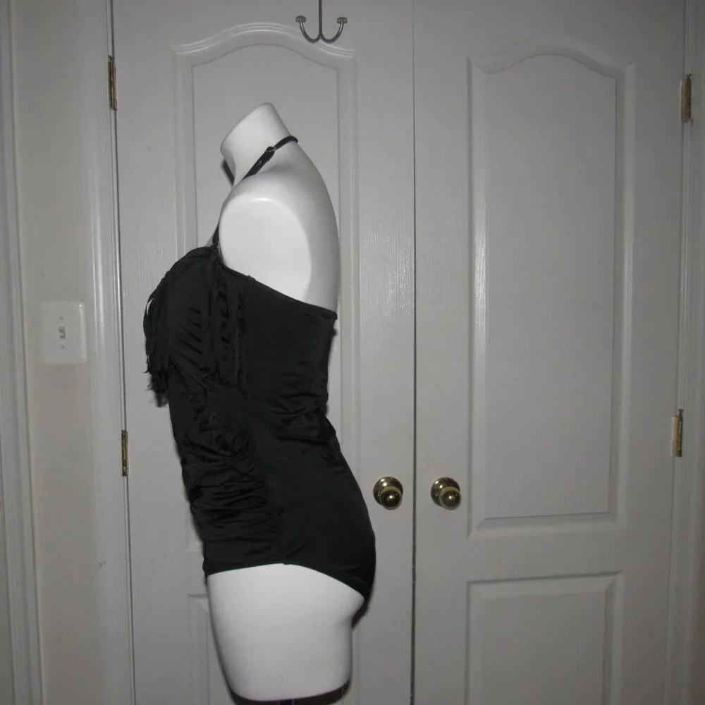 Kim Gravel x Swimsuits For All Black Fringe One Piece Ruched Halter Swimsuit 14
